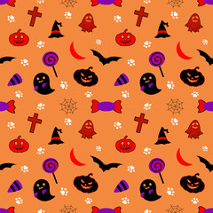 Seamless Halloween Pattern with Cute Icons on Orange Background