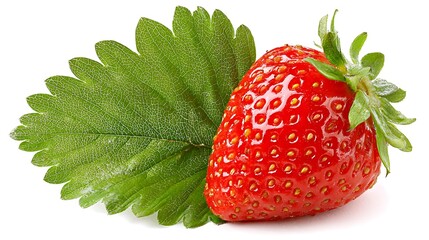 Fresh ripe strawberry with vibrant red color green leaves juicy texture isolated on white background clean and detailed appearance