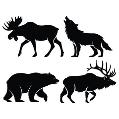 Black and white silhouettes of moose wolf bear and elk