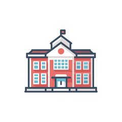 Colorful illustration of a classic school building with a flag, surrounded by a clear sky