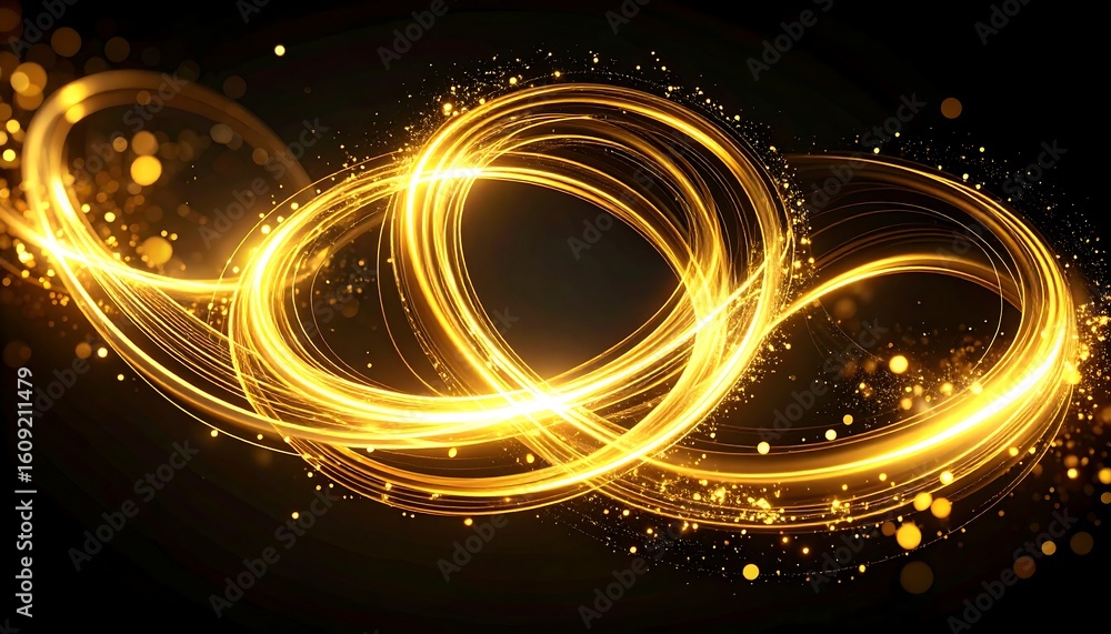 Poster dynamic golden light trails illuminating dark backdrop with magical effect