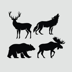 Black silhouettes of deer wolf bear moose on white