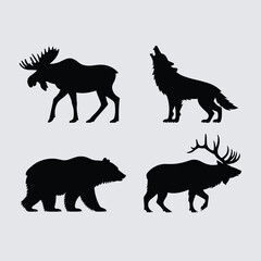 Black silhouettes of moose bear wolf and elk on white