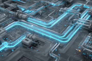 Futuristic Circuit Surface with Glowing Blue Lines
