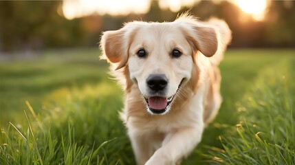World Dog Day golden retriever fun Joyful golden retriever in vibrant green grass. World Dog Day joyful walk scene,