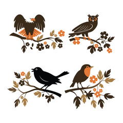 Four birds on branches with flowers eagle blackbird