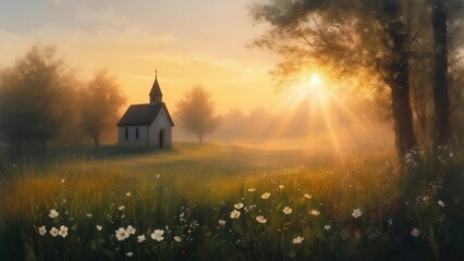 Fototapeta premium Peaceful church in a field at sunrise