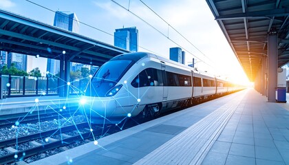 Modern train at a city station with futuristic overlay