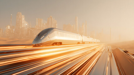 Futuristic silver bullet train speeds through a hazy cityscape with glowing orange light trails on tracks