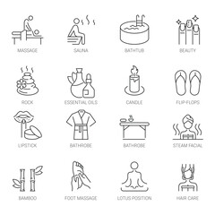 Simple Set of Spa and Wellness Vector Line Icons.
Includes icons such as Massage, Sauna, Candle, Bathrobe, and more.
Editable stroke. 48x48 pixel perfect. Ideal for web, apps, and print.