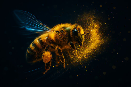 Honeybee flying through dark background with golden pollen particles in glowing motion around its fuzzy body and blue wings