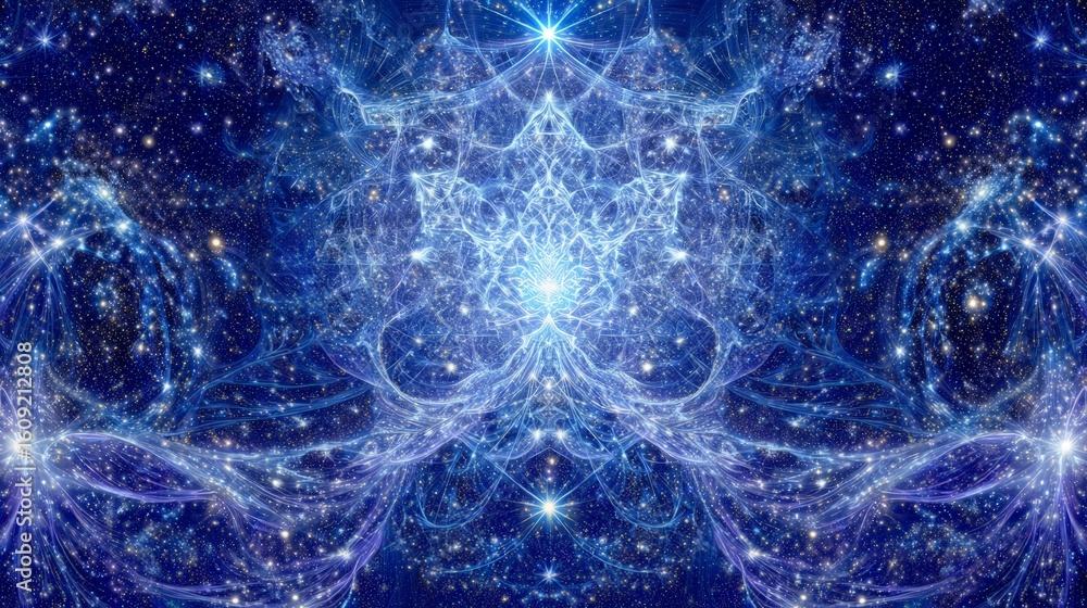 Poster abstract cosmic design with deep blue and light glowing patterns