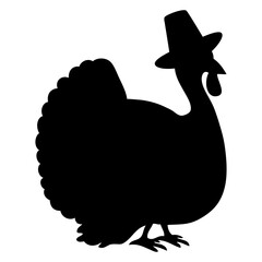 Turkey logo. Icono con silueta de pavo con sombrero de peregrino para tarjetas y felicitaciones del Día de Acción de Gracias
