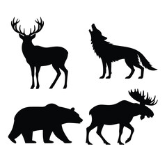 Obraz premium Four black silhouette animals deer wolf bear moose