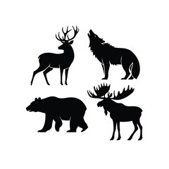 Four black silhouette wild animals on white background