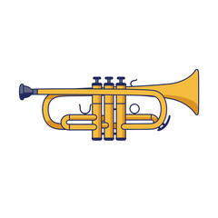 Obraz premium Bright Yellow Cartoon Trumpet Illustration with Dark Blue Accents and Three Valves