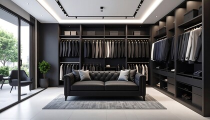 Modern walk-in closet with black furniture