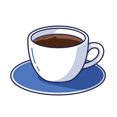 Cartoon Coffee Cup and Saucer with Dark Brown Coffee, Blue Accents