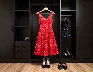 Elegance embodied: A vintage-inspired polka dot dress showcased in a modern dark wardrobe with
