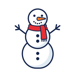 Cheerful cartoon snowman with a red scarf, carrot nose, and stick arms.