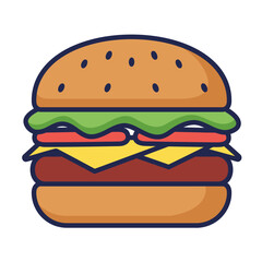 Classic cheeseburger illustration with a sesame seed bun, lettuce, tomato, and melted cheese. Flat design icon.