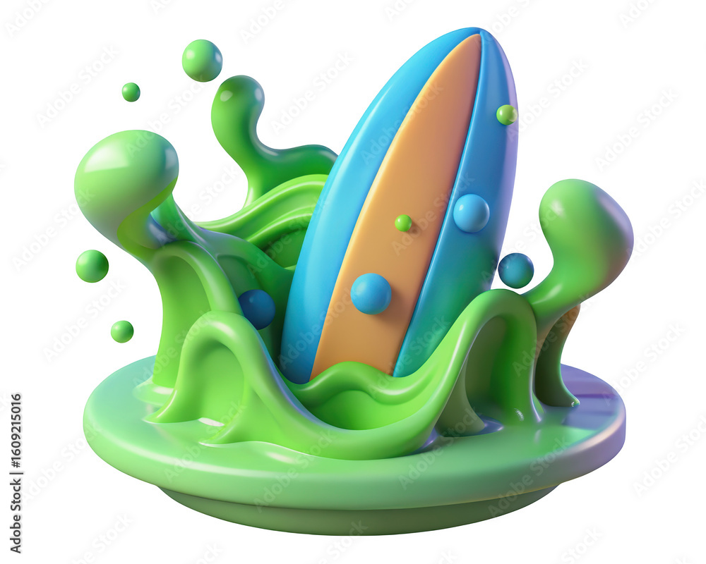Poster 3d render of surfboard in lime green liquid splash with floating spheres on backdrop for summer fun