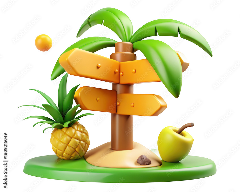 Poster 3d render of tropical island scenery with palm tree signpost pineapple and apple on a green platform