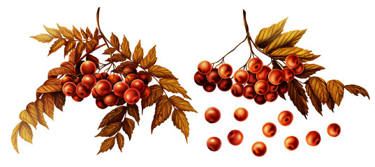 Autumn illustration set of 2 rowan branches with yellowed dry leaves and berries. Autumn print. Decoration with yellow leaves and berries