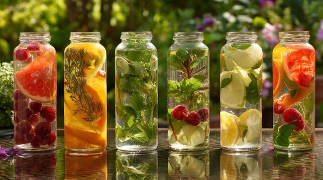 Fruit infused water bottles in line on garden table with herbs and fruits inside