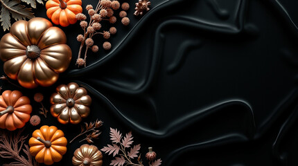 A luxurious black velvet fabric provides a dramatic backdrop for a festive autumn display of golden pumpkins and decorative florals, ideal for thanksgiving or halloween