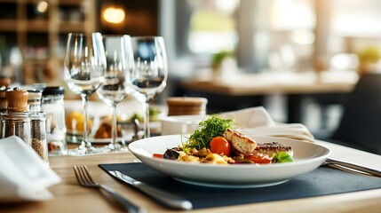 Full meal served on ceramic white plate ready for lunch at modern cafe