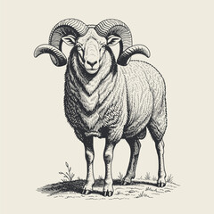 Big Horn Ovis Sheep Head Portrait Illustration Engraving Style Black and White Outline Line Art Drawing