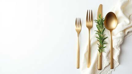 Elegant gold cutlery with rosemary sprig isolated on white background creates a luxurious and modern table setting