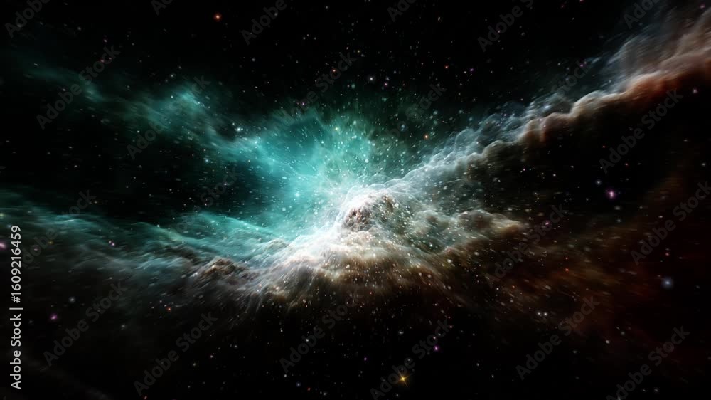 Poster 4k 3d loop dark blue cloud space travel in outer space science fiction abstract background. blue clo
