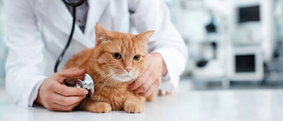 The veterinarian examining a healthy orange cat in a modern clinic setting.