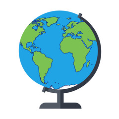 Stylized world globe illustration with green continents and blue oceans on a dark grey stand, showing the Atlantic view.
