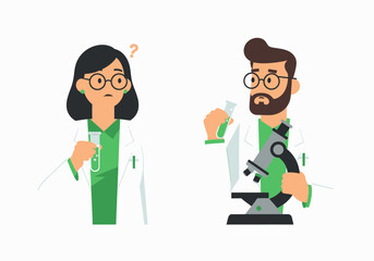 Two scientists in lab coats examining test tubes, one using a microscope.