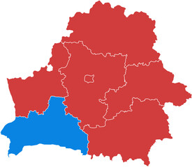 Obraz premium Belarus map. Map of belarus with one region highlighted in blue isolated on white background.