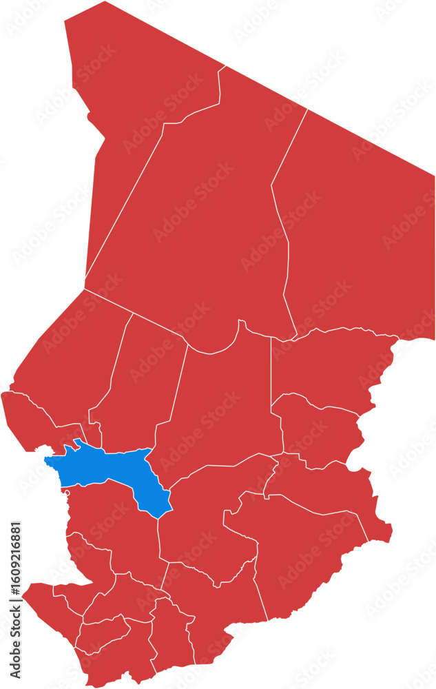 Poster chad chad. chad map with one region highlighted in blue isolated on white background.