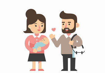 A cartoon illustration of a happy family, mother holding baby, father gesturing love.