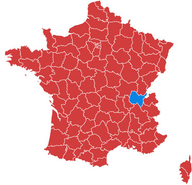 France map. Map of france with one department highlighted in blue isolated on white background.