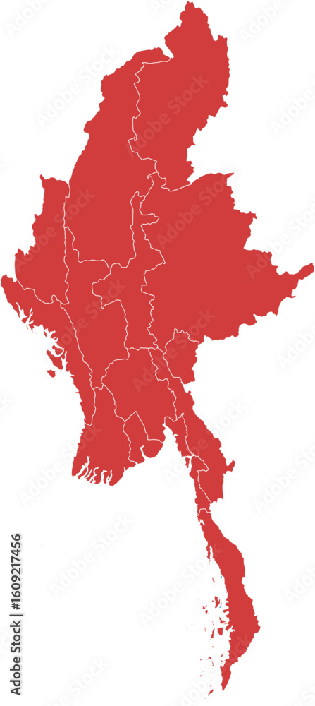 Poster myanmar map. map of myanmar with internal divisions isolated on white background.