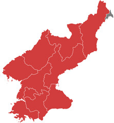 North Korea north. North korea map with provinces highlighted isolated on white background.