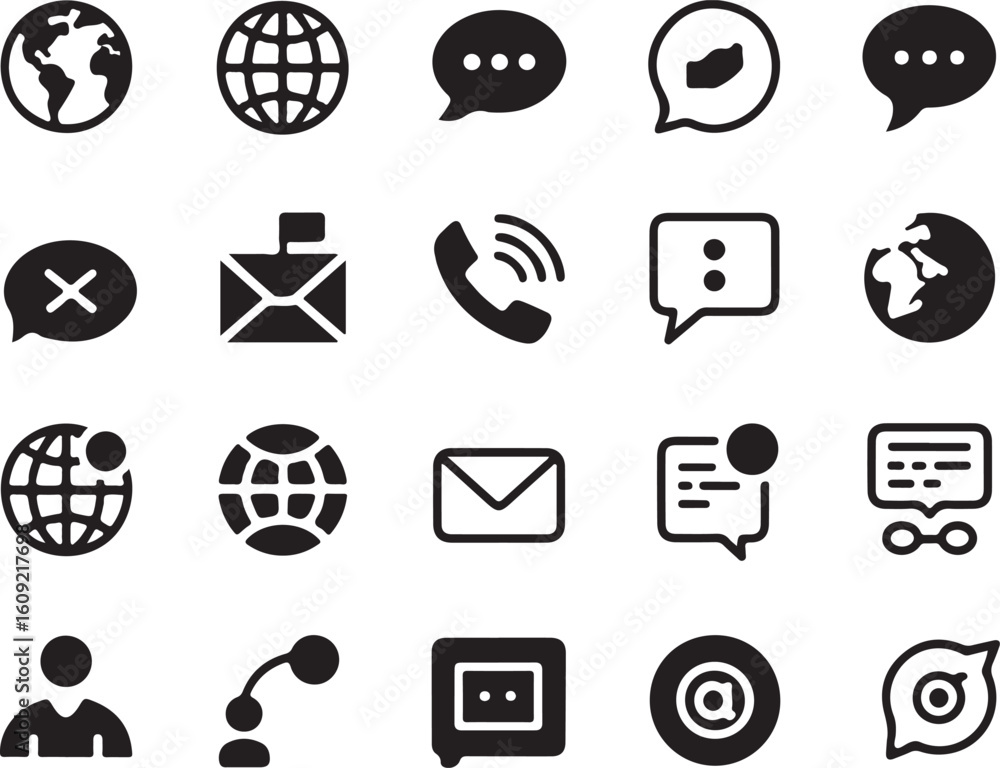 Poster communication icon set featuring a distinctive silhouette of interconnected elements for digital mes
