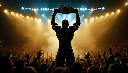 Victorious boxing champion silhouetted in arena ring with belt raised high.
