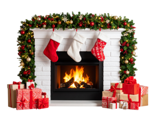 Cozy Fireplace Scene with Christmas Stockings and Decorations, transparent background PNG