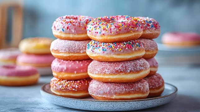 A delightful stack of assorted donuts with pink frosting and colorful sprinkles sits enticingly on a plate, inviting induence in a sweet and sugary treat.