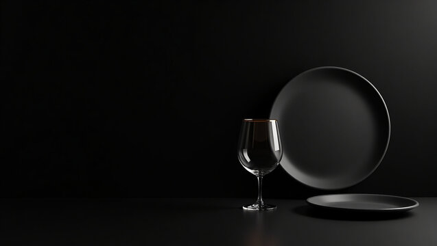An elegant black plate and wine glass create a sophisticated dining setting, showcasing luxury and minimalist design on a dark surface - Powered by Adobe
