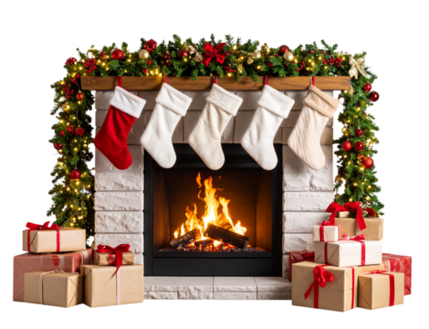 Cozy Fireplace Scene with Christmas Stockings and Decorations, transparent background PNG