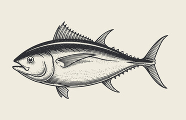 Tuna fish side view. Vintage woodcut engraving style vector illustration.